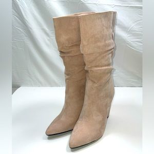 NIB Women’s Dellytop High Heel Suede Pointed Toe Calf‎ High Boots HM0334 Tan 7.5